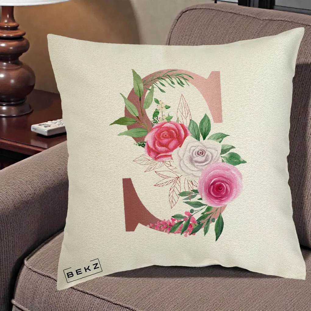 Cadou Personalizat - Perna Personalizata Monograma Rose Gold Litera S, 40x40 cm, Ecru, Husa Detasabila, Perna Inclusa, BEKZ®