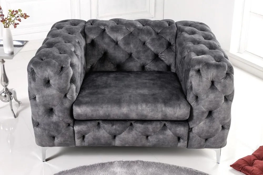 Fotoliu design Chesterfield, Catifea, Gri, MODERN BAROCK