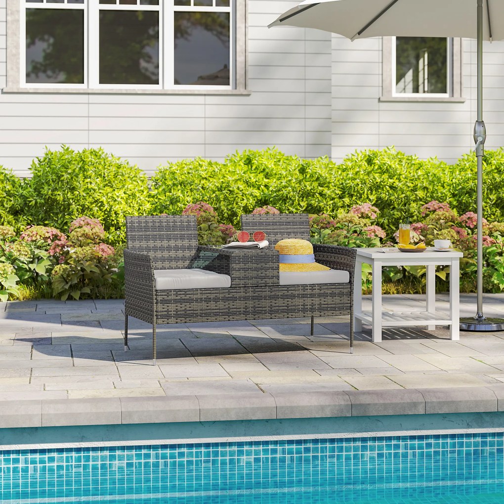 Outsunny Bancă de Grădină cu 2 Locuri din Rattan și Oțel, Bancă de Exterior cu Perne și Măsuță Centrală cu Blat din Sticlă Securizată, 135x64x81 cm, Gri Închis | Aosom Romania
