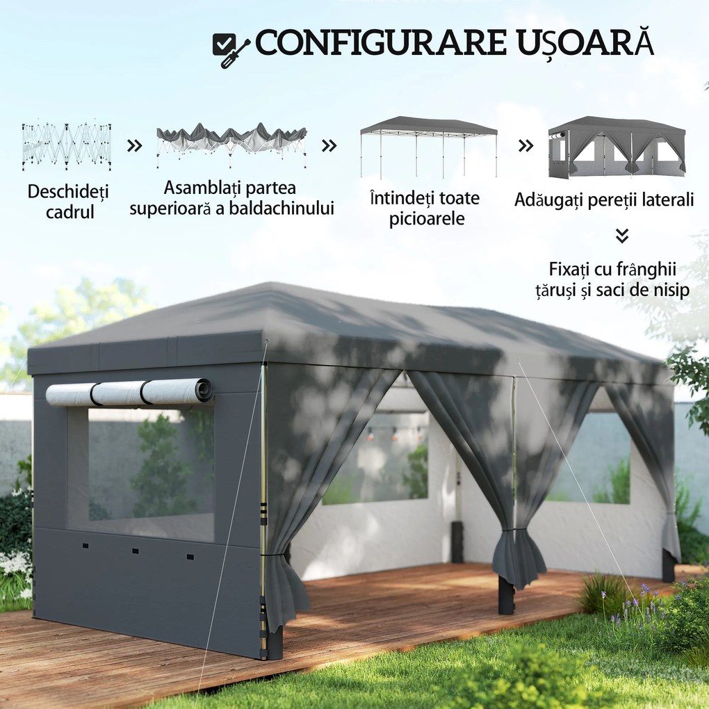 Outsunny Foișor Pliabil 3x6m Pop-Up cu 6 Pereți Laterali, Foișor de Grădină Reglabil pe Înălțime cu Saci de Nisip, Geantă cu Roți, UV50+ pentru Exterior, Gri Închis | Aosom Romania