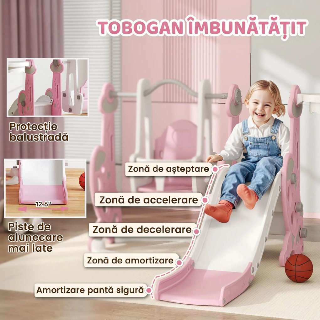 AIYAPLAY Tobogan pentru copii 4 în 1 cu leagăn, scară de cățărare și coș de baschet, 18-48 luni, roz | Aosom Romania