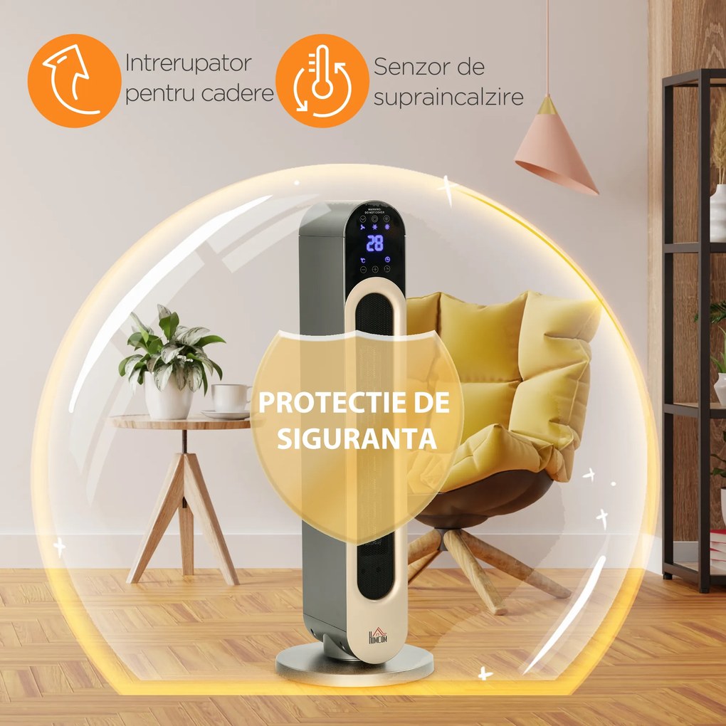 Incalzitor electric oscilant cu 3 moduri de incalzire cu temperatura reglabila si telecomanda, din ABS, Φ25x73,5 cm, argintiu HOMCOM | Aosom RO