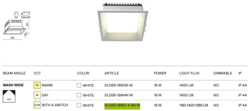 Spot LED incastrabil protectie IP44 Okno 14,5x14,5cm CCT