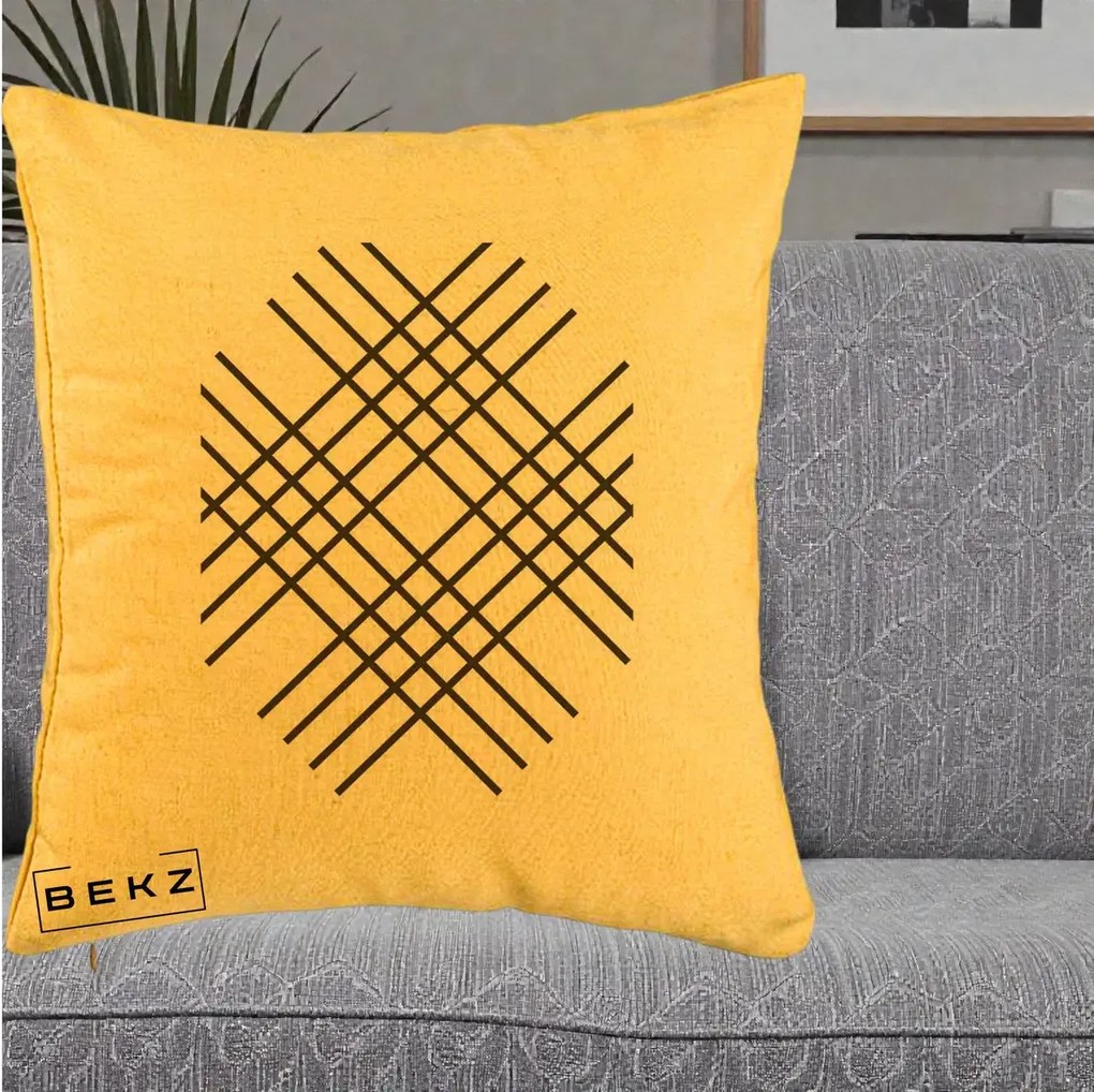 Perna Decorativa Geometric Grid, 40x40 cm, Galben, Husa Detasabila, Perna Inclusa, BEKZ®