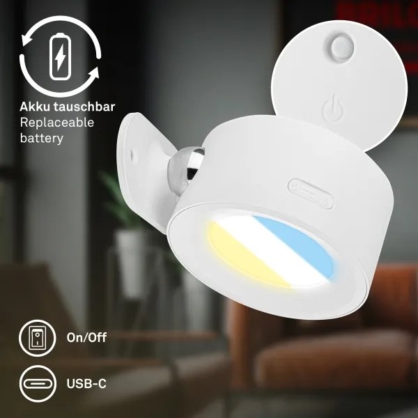 Briloner 3896016 - Aplică de perete LED reîncărcabilă TARI, reglabilă, LED/1,6W/5V, 1500 mAh, alb