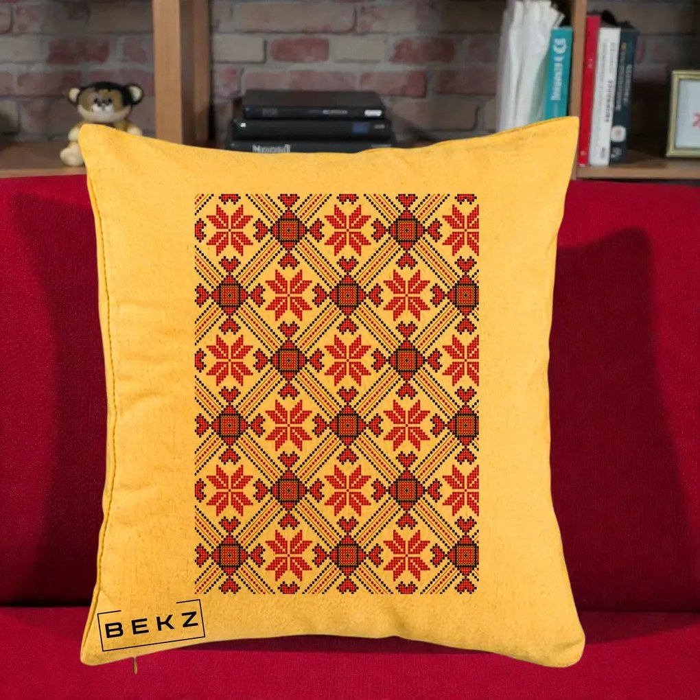 Perna Personalizata Motiv Traditional Ie Romaneasca Rosu, 40x40 cm, Galben, Husa Detasabila, Perna Inclusa, BEKZ®