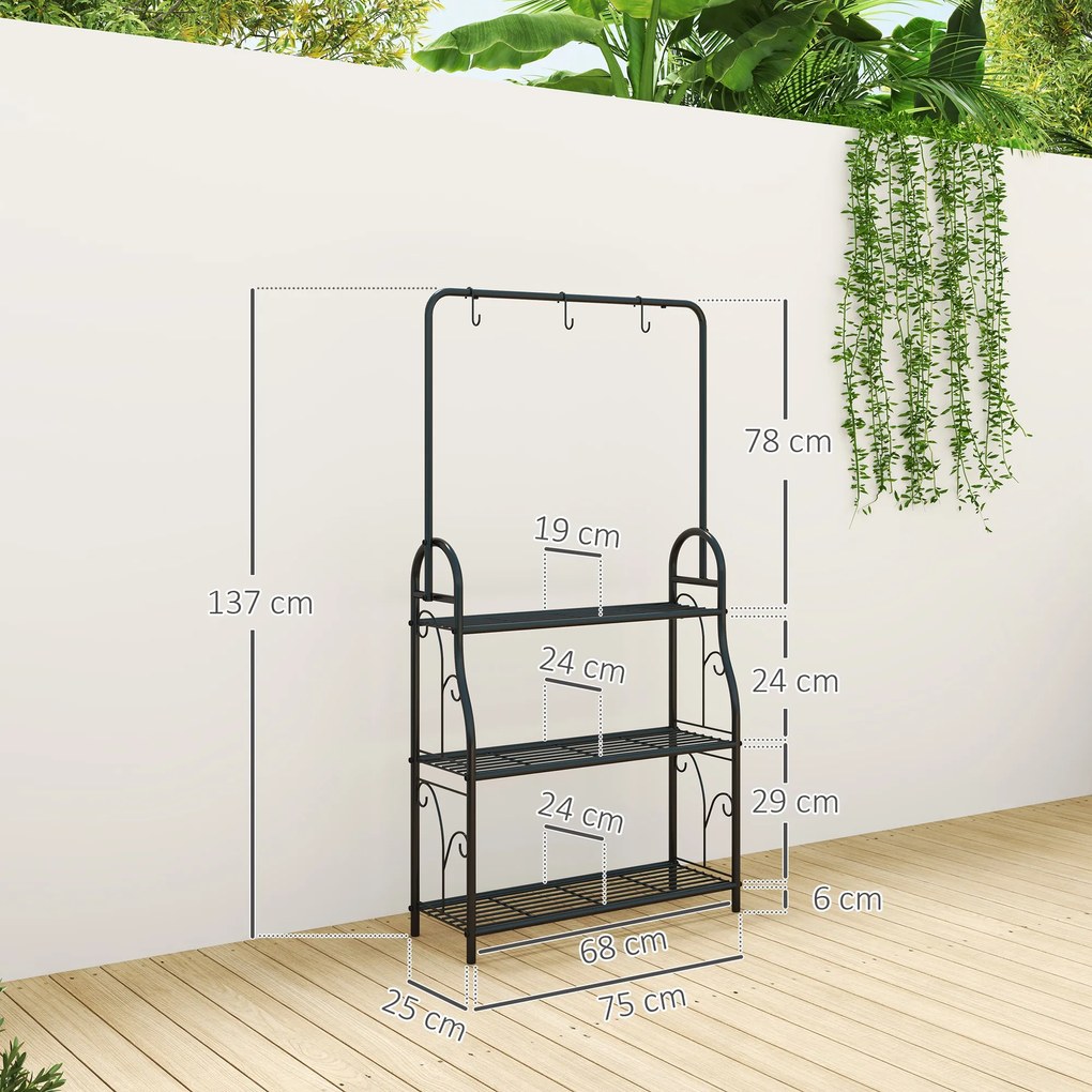 Outsunny Suport pentru Plante cu 3 Niveluri, cu Bară pentru Agățat și Cârlige, Raft Metalic pentru Ghivece și Flori, pentru Interior și Exterior, Balcon, Living, Dormitor, Negru | Aosom Romania