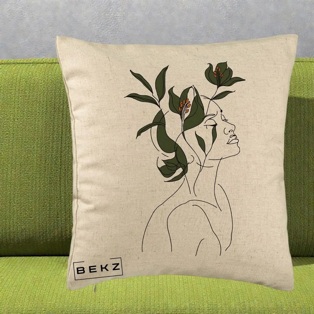 Perna Decorativa Portret Feminin Crin Verde, 40x40 cm, Bej, Husa Detasabila, Perna Inclusa, BEKZ®