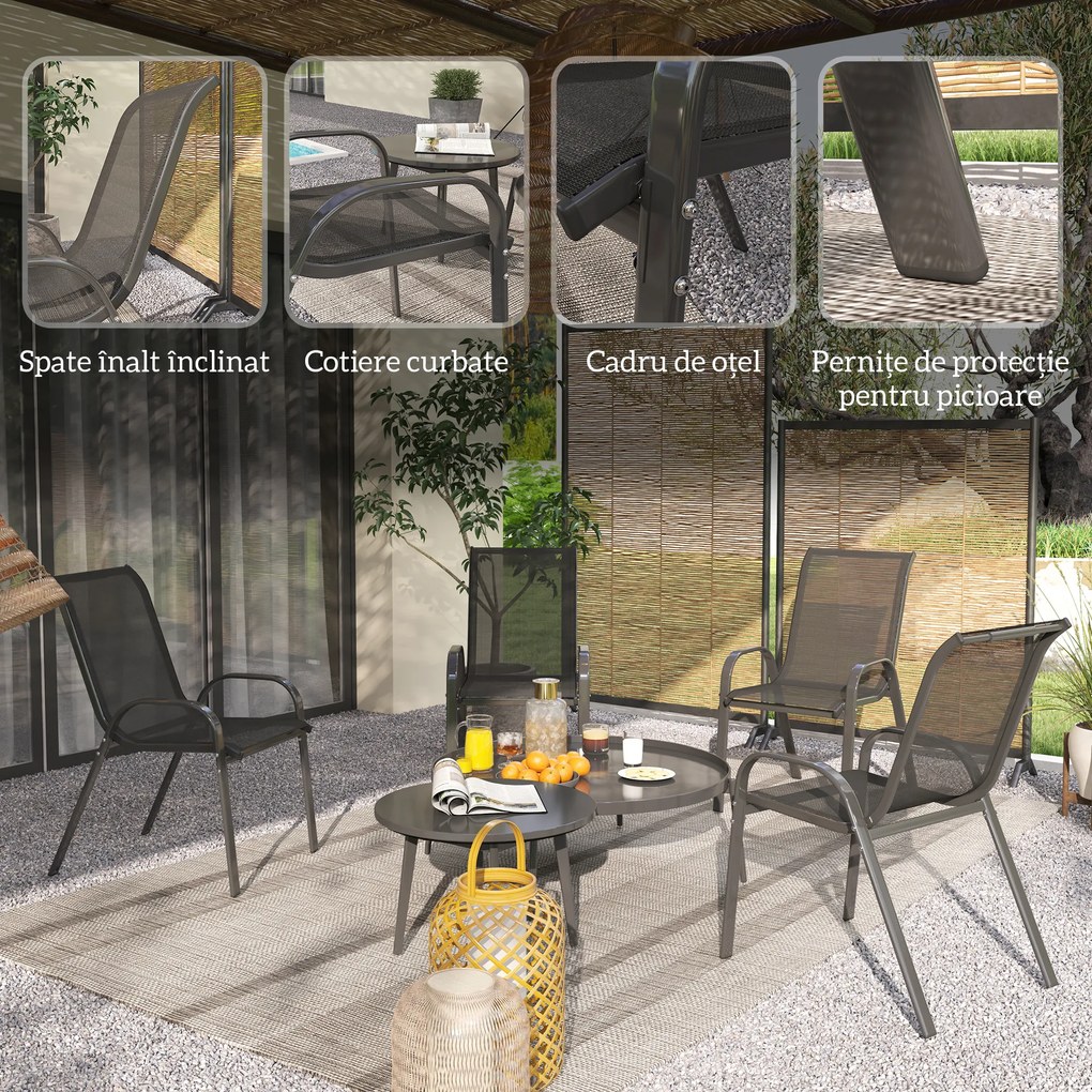 Outsunny Set de 4 Scaune Suprapozabile cu Spătar Înalt și șezut din Plasă, 54x71x93 cm, Negru | Aosom Romania