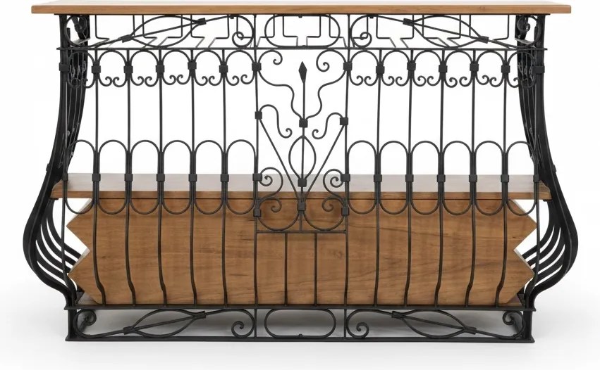 Bar din metal negru și lemn masiv, cu blat natur și rafturi, finisaj vopsit, 97 x 144 x 42 cm, „Périgord”