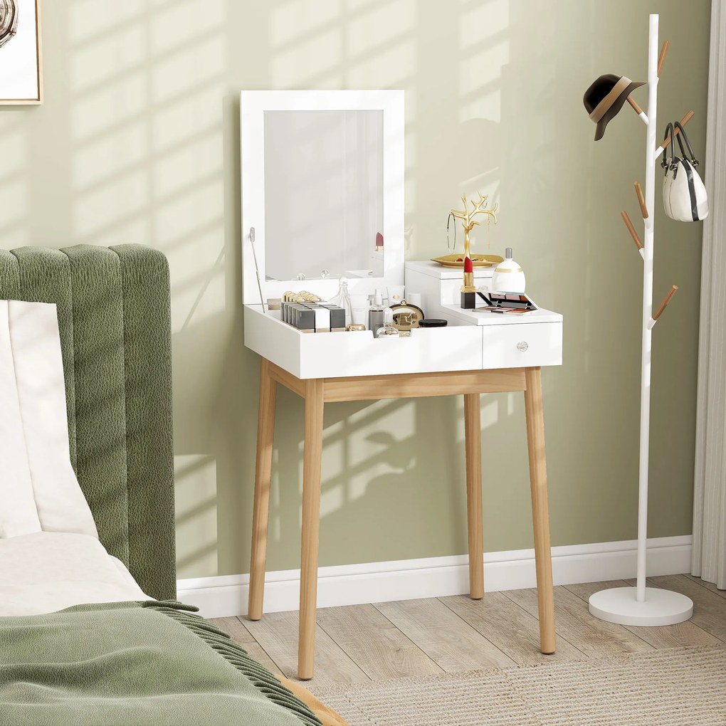 HOMCOM Masă de toaletă cu oglindă, masă de machiaj în stil modern - 2 sertare, oglindă rabatabilă pentru dormitor, living, 60 x 50 x 85,5 cm alb | Aosom Romania