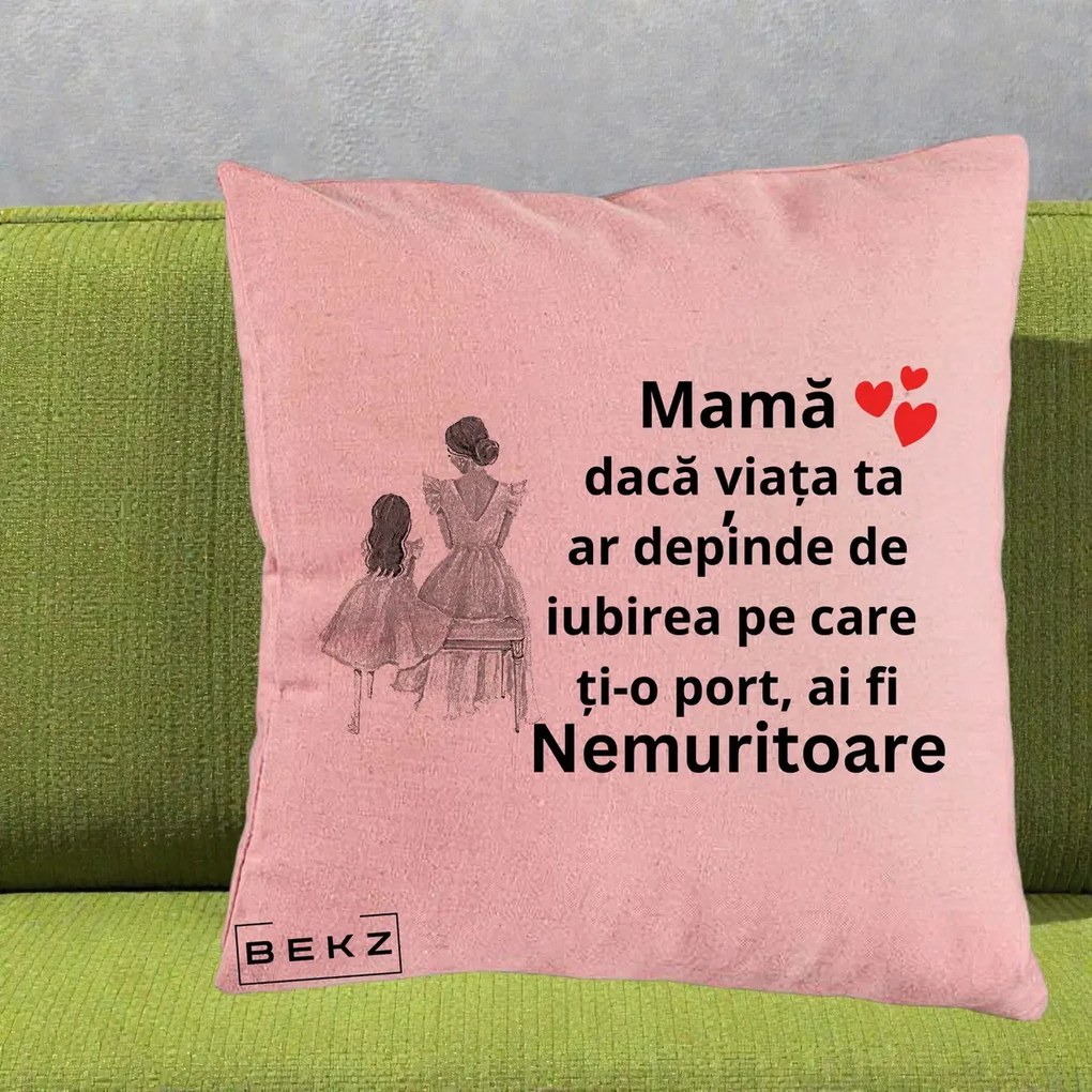 Cadou pentru Mama - Perna Personalizata Mama Nemuritoare Line Art, 40x40 cm, Roz, Husa Detasabila, Perna Inclusa, BEKZ®
