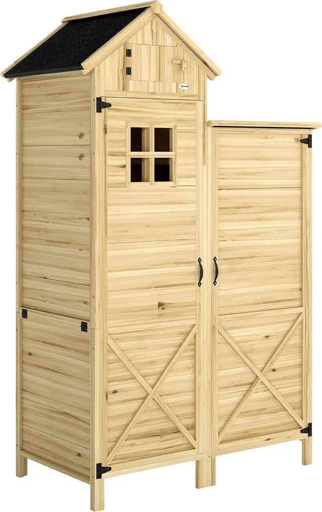 Outsunny Magazie pentru Unelte cu 2 Zone, Rafturi Reglabile și Fereastră, din Lemn de Brad, 106x57x167 cm, Culoare Naturală | Aosom Romania
