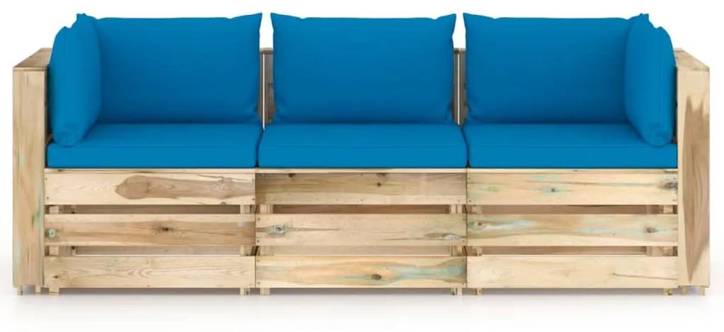 Canapea de gradina cu 3 locuri, cu perne, lemn verde tratat Albastru deschis, Canapea cu 3 locuri, 1