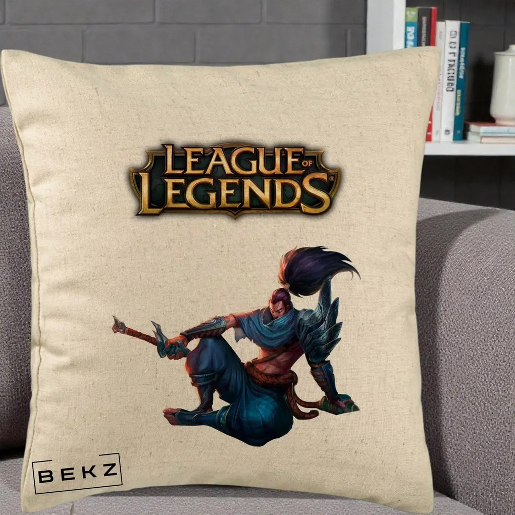 Perna Personalizata League of Legends Yasuo, 40x40 cm, Bej, Husa Detasabila, Perna Inclusa, BEKZ®