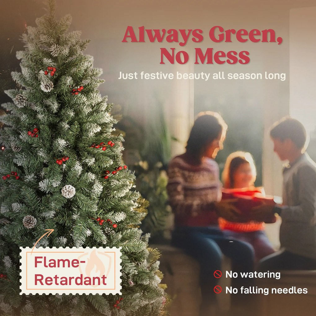 HOMCOM Brad de Crăciun Înalt Înzăpezit 180 cm cu 620 de Ramuri, Brad Artificial de Interior cu Conuri și Boabe Roșii Decorative, Bază din Metal, Verde | Aosom Romania