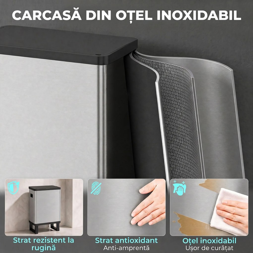 HOMCOM Coș de gunoi automat cu senzor, 54 L, 3 compartimente, oțel inoxidabil, argintiu | Aosom Romania