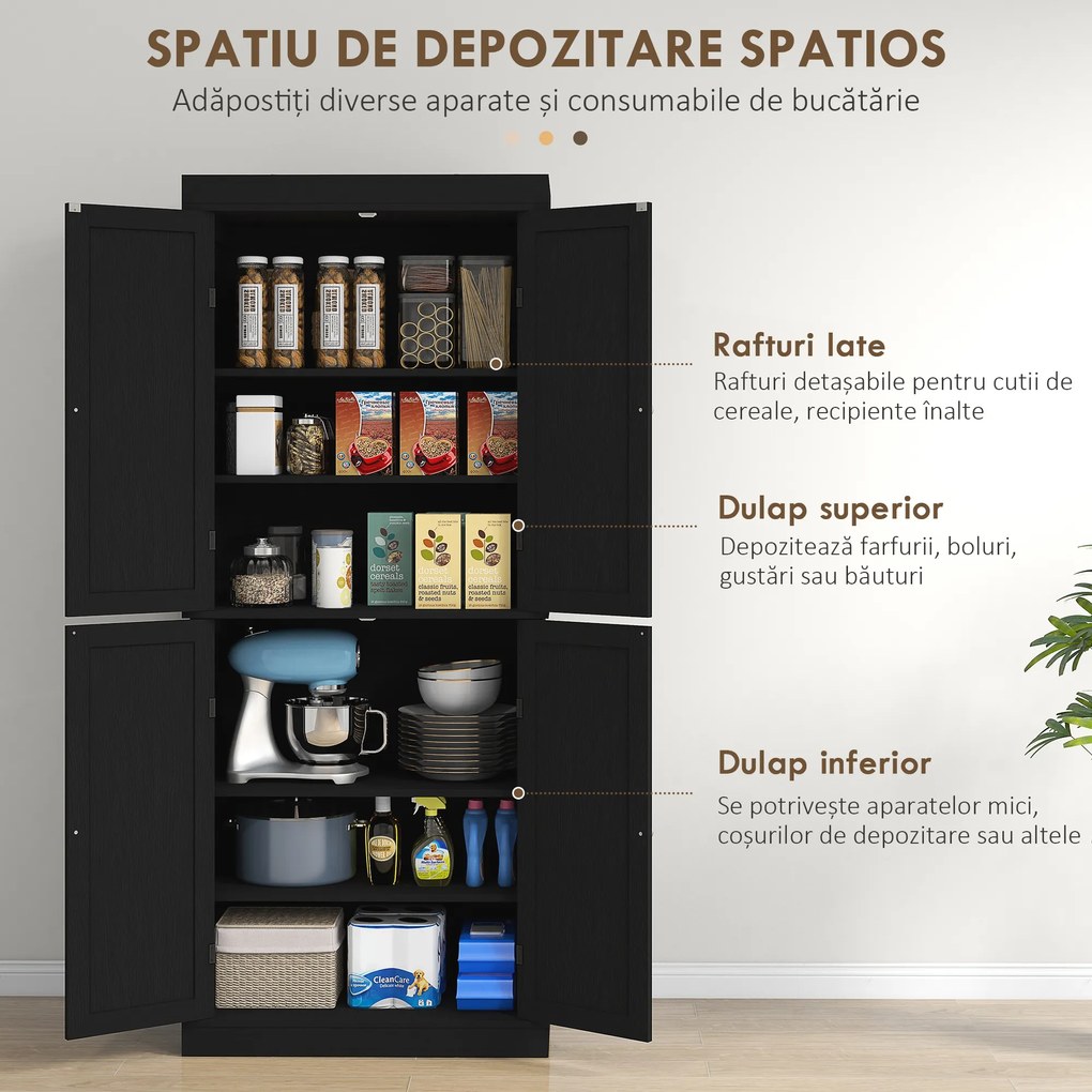 HOMCOM Dulap Înalt de Bucătărie cu 6 Rafturi și 2 Uși, Dulap cu Rafturi Reglabile din Lemn, 76x40,5x184 cm, Alb | Aosom Romania