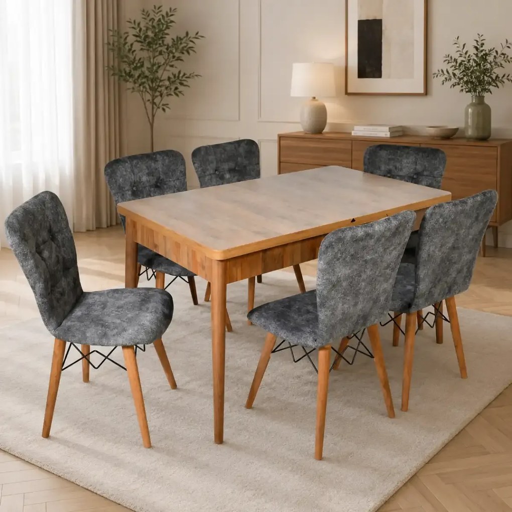 Set masa extensibila cu 6 scaune tapitate Homs nuc-gri 170 x 80 cm