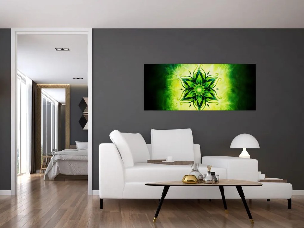 Tablou - Mandala de flori, fundal verde (120x50 cm)