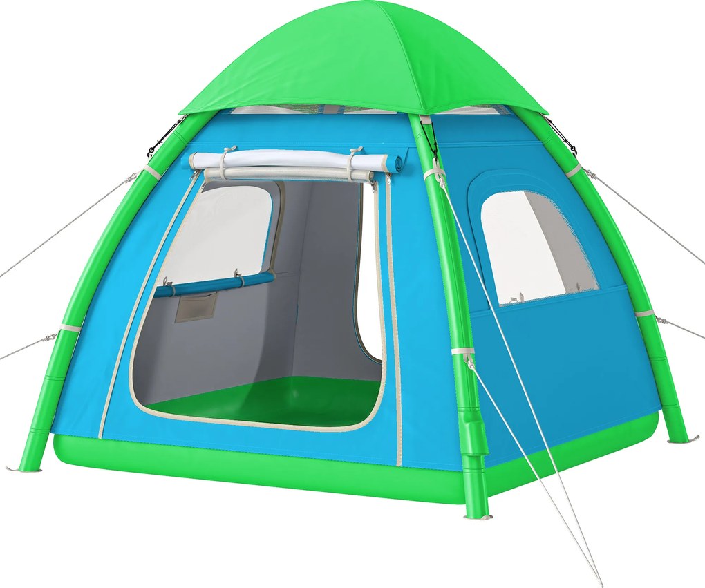 Outsunny Cort gonflabil 3 persoane - montare rapidă, camping outdoor cu pompă, ferestre din plasă, acoperiș detașabil | Aosom Romania