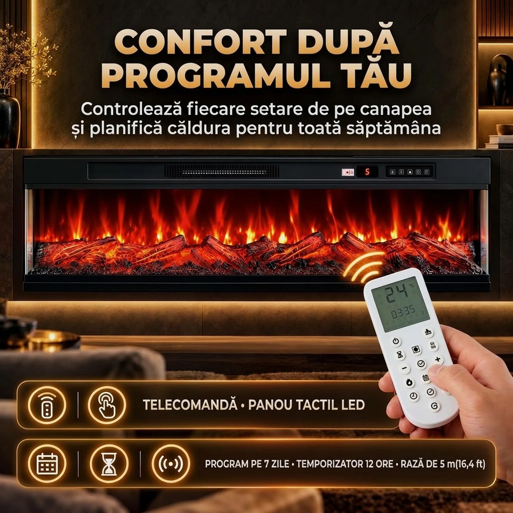 HOMCOM Șemineu electric de podea/încorporabil, pe 3 laturi, cu telecomandă, 750/1500 W, efect flacără 3D, 12 culori, 5 niveluri de luminozitate | Aosom Romania