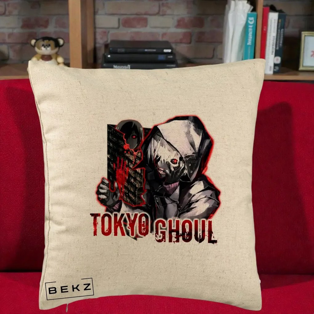Perna Personalizata Tokyo Ghoul Ken Kaneki Anime, 40x40 cm, Bej, Husa Detasabila, Perna Inclusa, BEKZ®