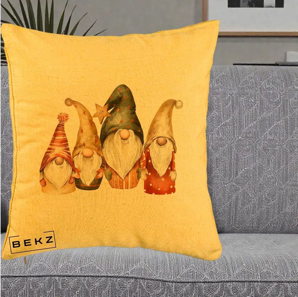 Perna Decorativa Gnomi de Craciun Patru, 40x40 cm, Galben, Husa Detasabila, Perna Inclusa, BEKZ®