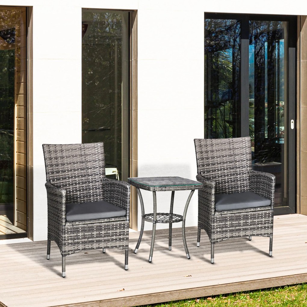 Set de mobilier de balcon Outsunny pentru 2 persoane, Set de scaune din ratan, Set de mobilier de grădină Polyrattan, Gri închis | Aosom Romania