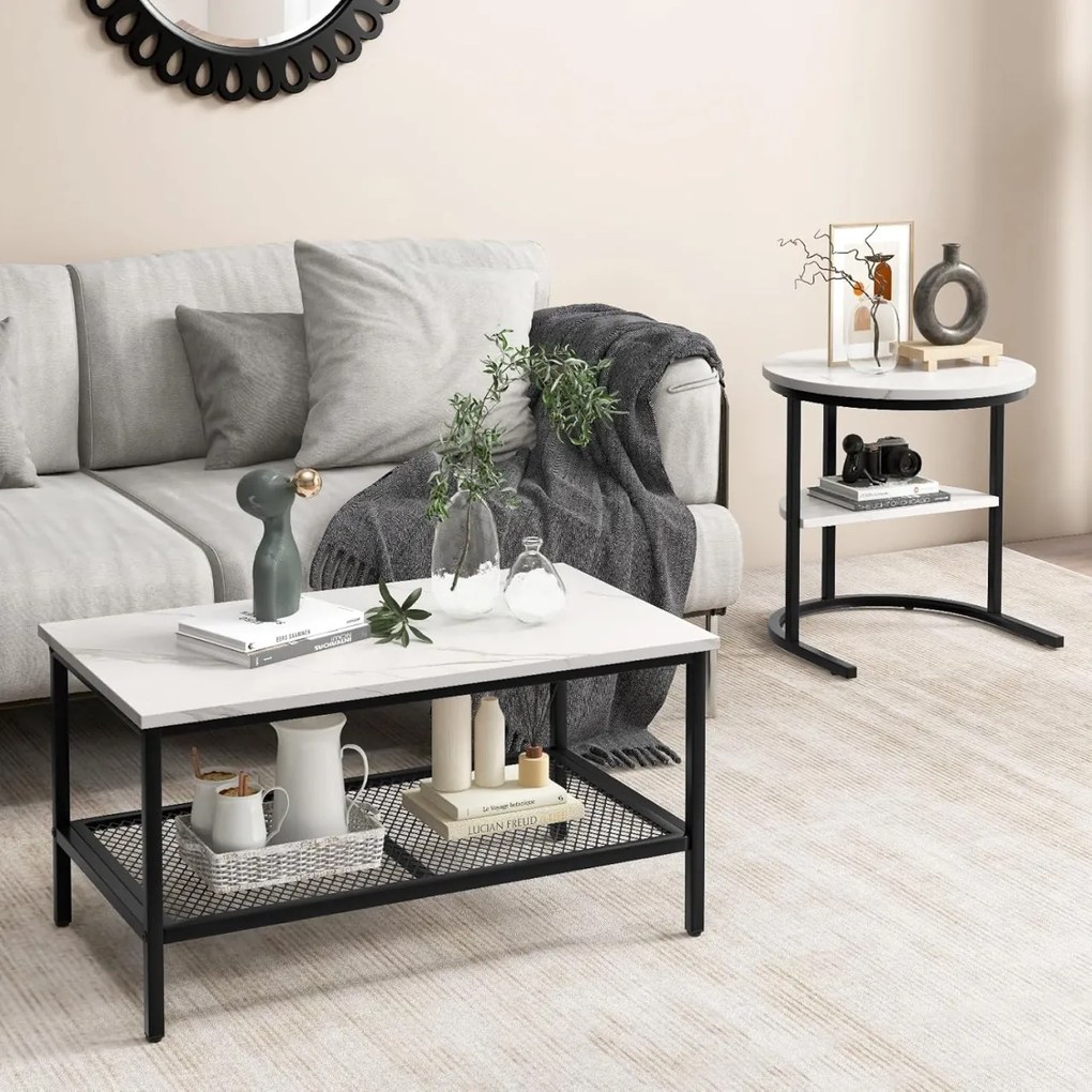 MCAU19 - Set 2 masute de cafea 80 cm si 52 cm, mese pentru living - Alb - Negru / Auriu