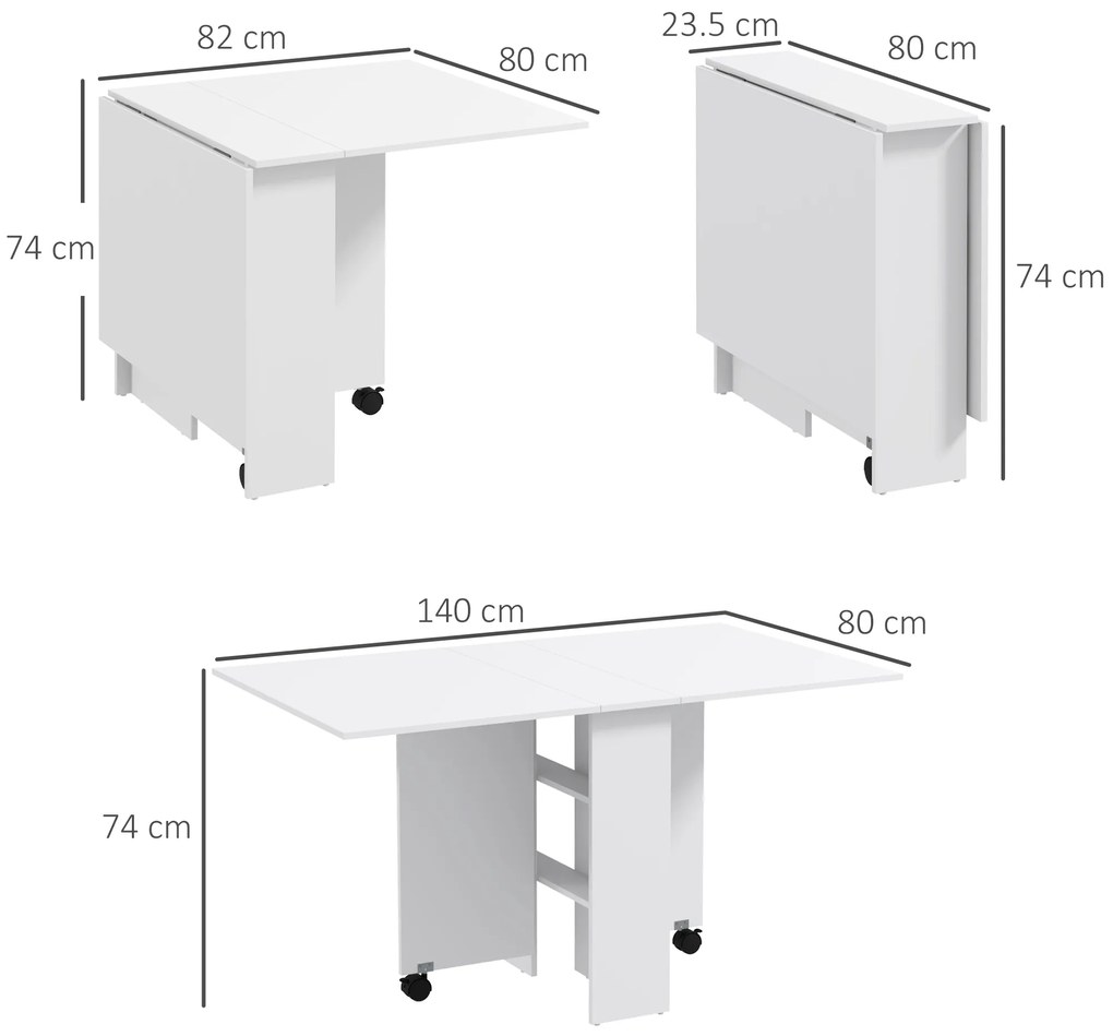 HOMCOM Masă Pliabilă și Extensibilă pentru 4-6 Persoane cu 2 Rafturi și 2 Roți, din Lemn și Metal, 140x80x74 cm, Alb | Aosom Romania