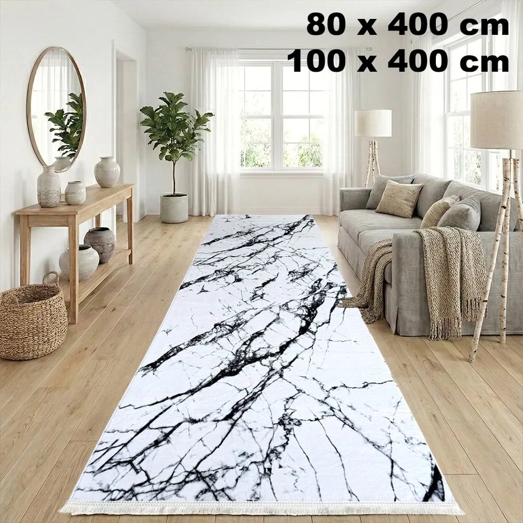 Traversă hol antiderapantă, 400 cm, model marmură, alb cu negru