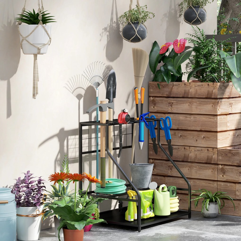 Outsunny Organizator de unelte de grădină cu cârlige suport-unelte de garaj pe 3 niveluri 84 x 53 x 73 cm portocaliu | Aosom Romania