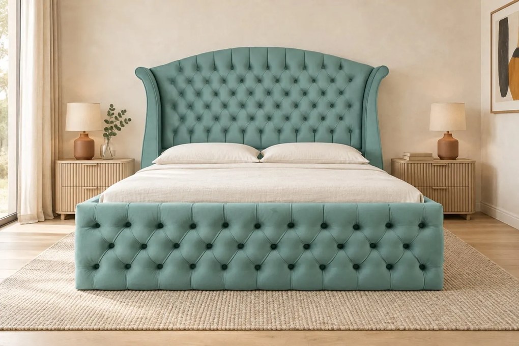 Pat tapițat Chesterfield din catifea Sorella Simple 160×200 cm, verde marin, cu ladă de depozitare