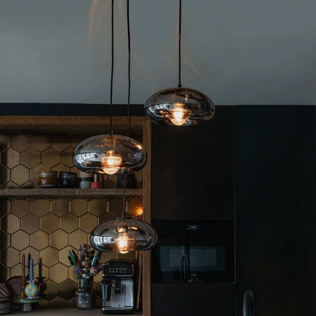 Lampă suspendată Art Deco neagră cu sticlă fumuriu rotundă cu 3 lumini - Ayesha