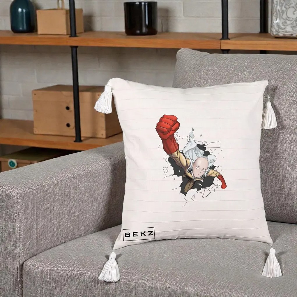 Perna Personalizata One Punch Man Saitama Pumn, 40x40 cm, Bej cu Franjuri, Husa Detasabila, Perna Inclusa, BEKZ®