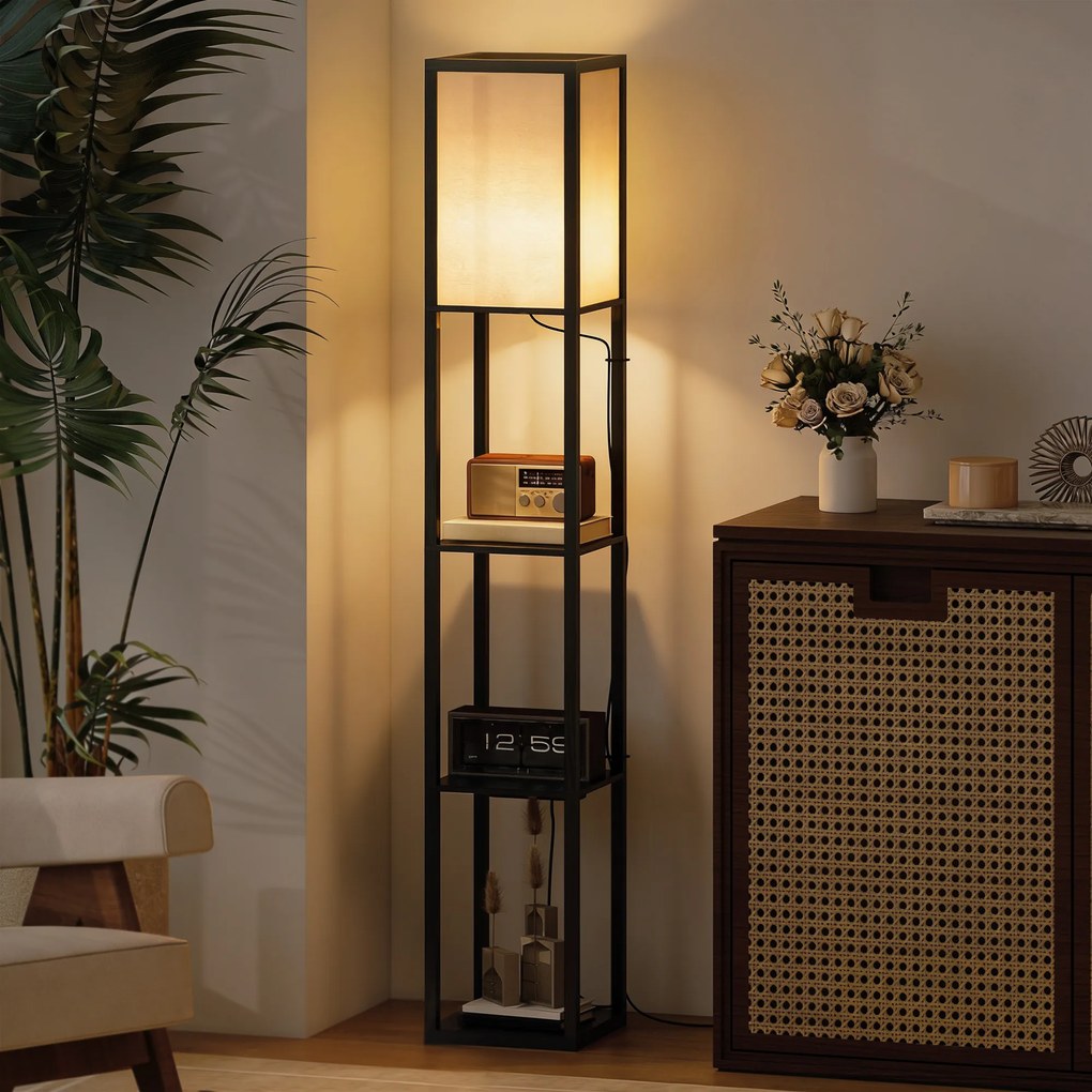 Lampă de Podea HOMCOM LED cu Rafturi, Lampă Modernă cu Comutator și Porturi USB, Lumină Reglabilă pentru Living și Dormitor, Neagră | Aosom Romania