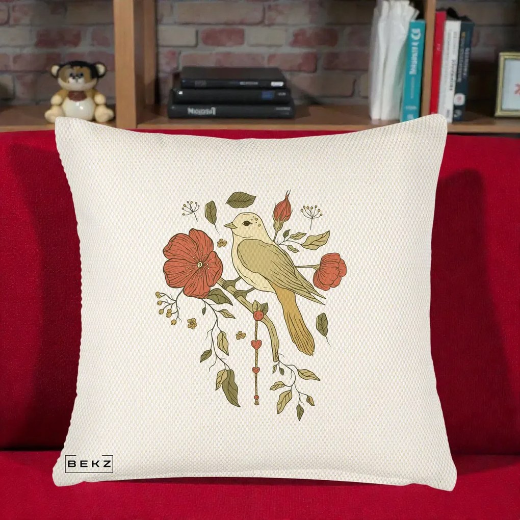 Perna Decorativa Pasare pe Ramura cu Maci, 40x40 cm, Crem Reliefat, Husa Detasabila, Perna Inclusa, BEKZ®