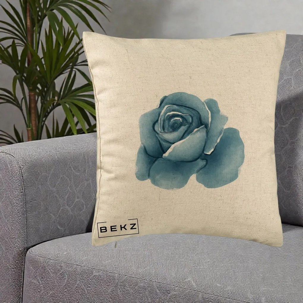Perna Decorativa Trandafir Albastru Acuarela, 40x40 cm, Bej, Husa Detasabila, Perna Inclusa, BEKZ®