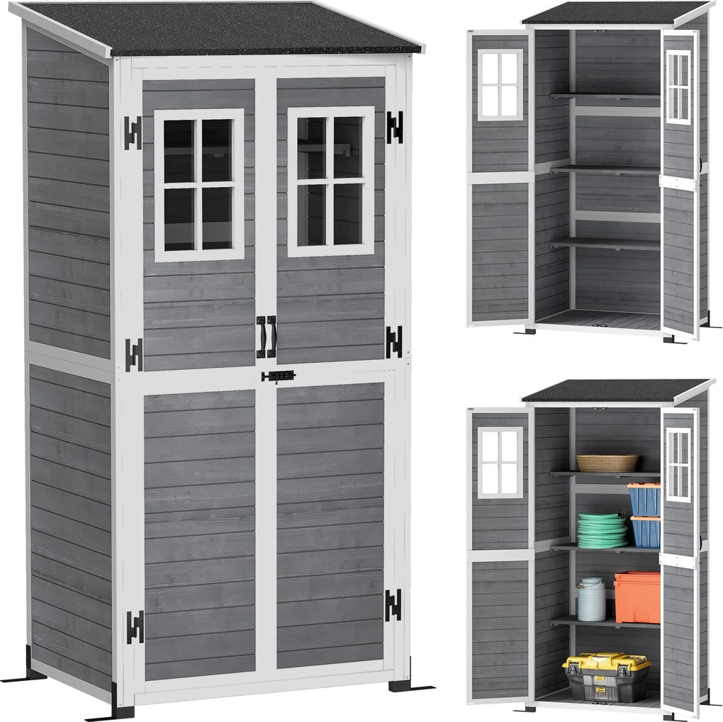 Outsunny Magazie pentru depozitare în grădină, magazie pentru unelte cu 2 ferestre, țăruși pentru ancorare, acoperiș din asfalt, 91 x 69 x 192 cm, lemn de brad, Gri deschis | Aosom Romania