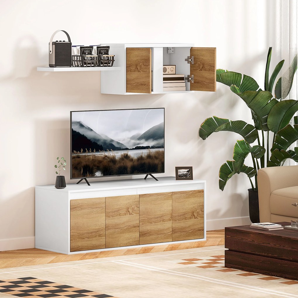 HOMCOM Set Mobilier TV și Dulap Suspendat cu 7 Rafturi și Raft Deschis, Mobilier pentru TV din PAL, 120x41x43,3 cm, Alb | Aosom Romania