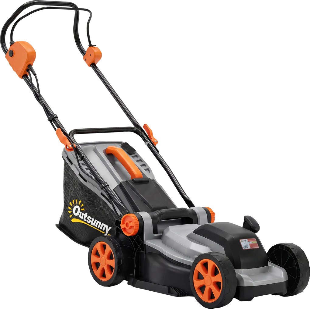 Outsunny Mașină de tuns gazon electrică 1200 W, lățime de tăiere 34 cm, coș colector 35L, funcție mulcire, 6 înălțimi de tăiere, mâner reglabil | Aosom Romania
