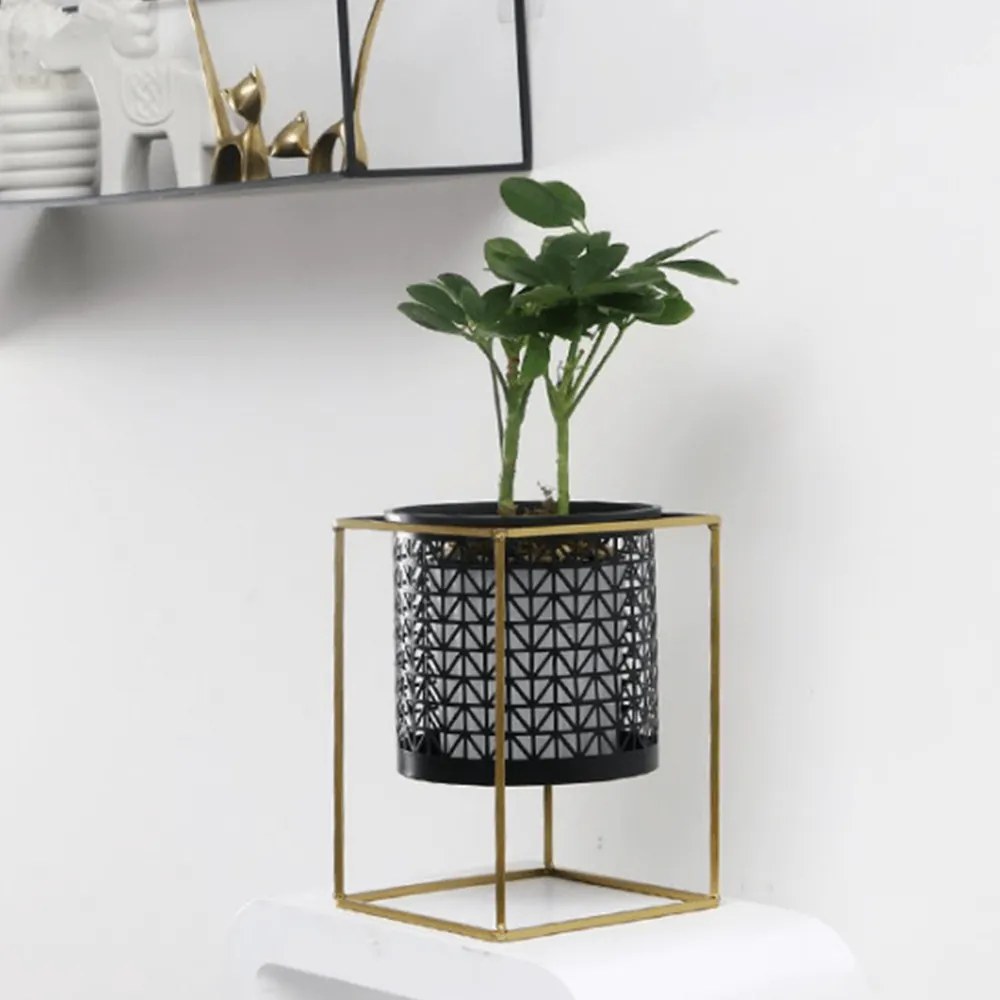 Set 2 suporturi pentru ghivece, pătrat/rotund, negru/auriu, ESME SET