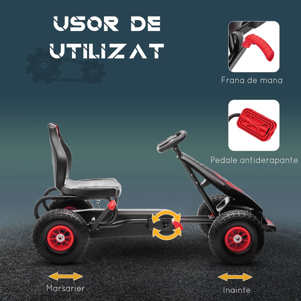 HOMCOM Go Kart pentru Copii 5-12 Ani, cu Pedale, Scaun Ajustabil și Cauciucuri Gonflabile, Frână de Mână și Amortizare Socuri Roșu | Aosom România