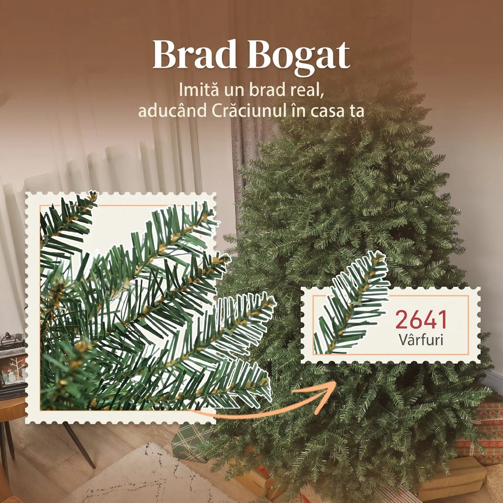 HOMCOM Brad de Crăciun Artificial 210 cm cu 2641 Ramuri Ignifuge, Brad de Crăciun Artificial Dens și Realist cu Bază Metalică Pliabilă, Asamblare Ușoară, pentru Casă și Spații Interioare, Verde | Aosom Romania