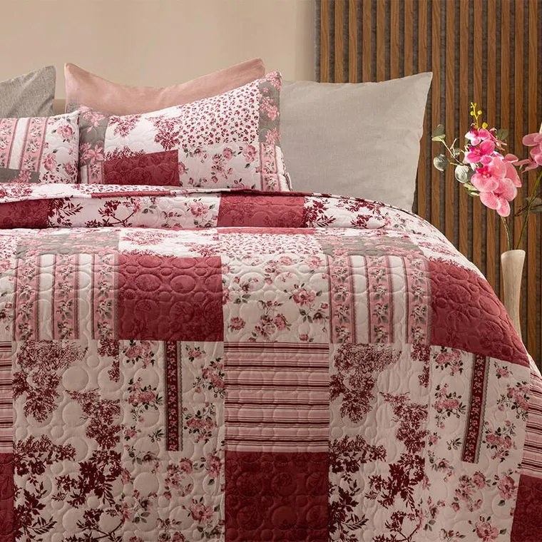 decoDoma Cuvertură de pat VINTAGE ROSE bordo pat dublu