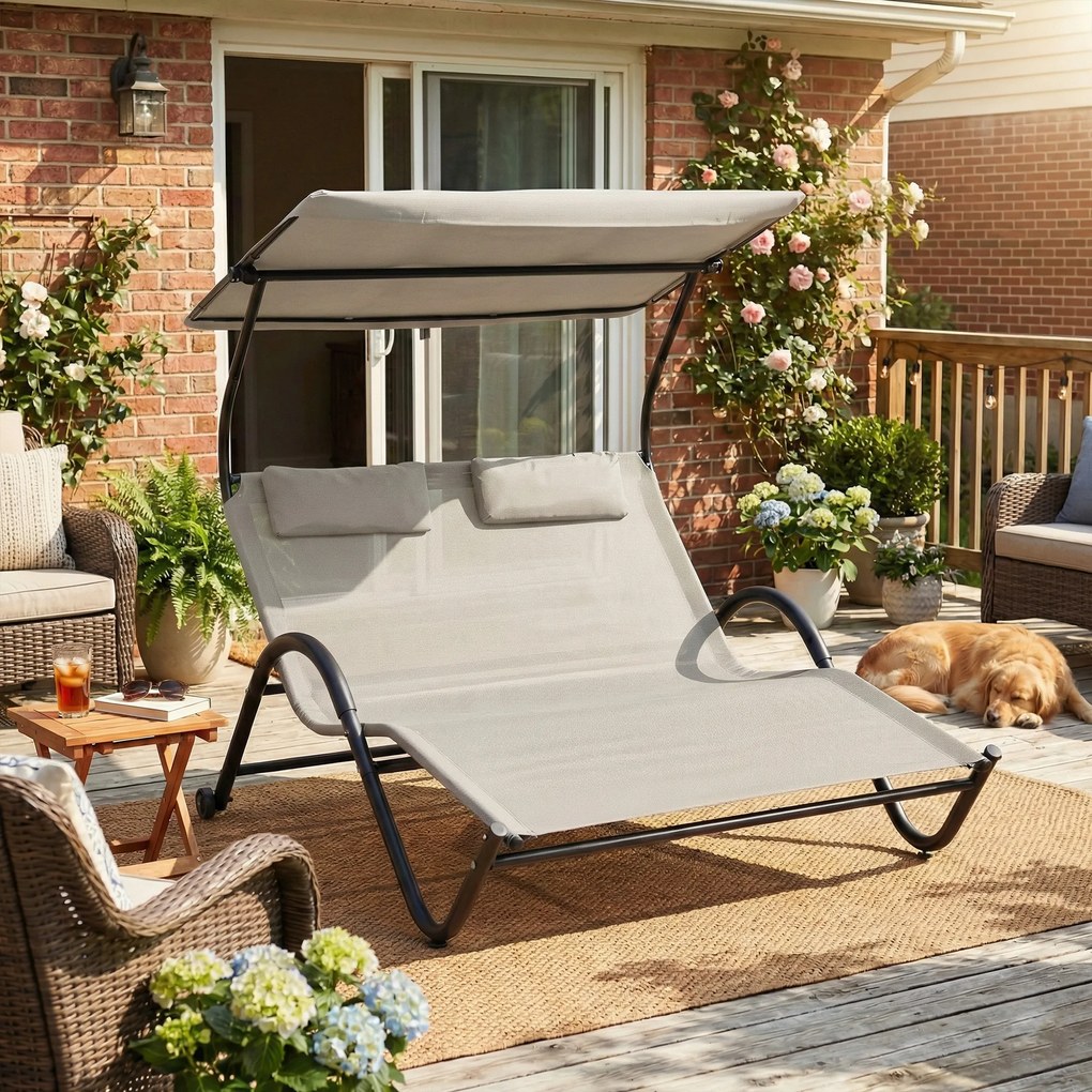 Outsunny Șezlong cu acoperiș, pernă și roți, oțel și poliester cremă | Aosom Romania