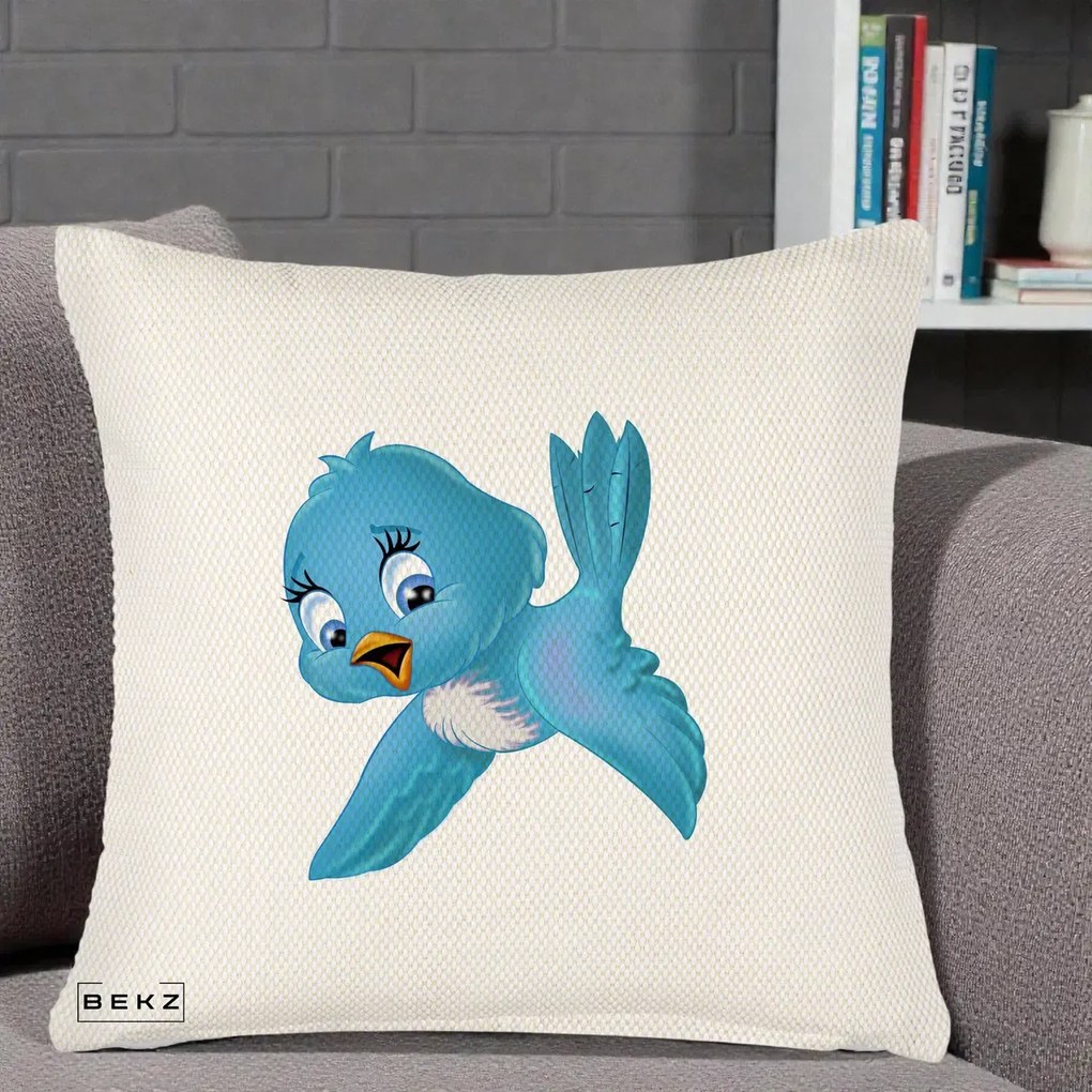 Perna Decorativa Pui de Pasare Albastru, 40x40 cm, Crem Reliefat, Husa Detasabila, Perna Inclusa, BEKZ®