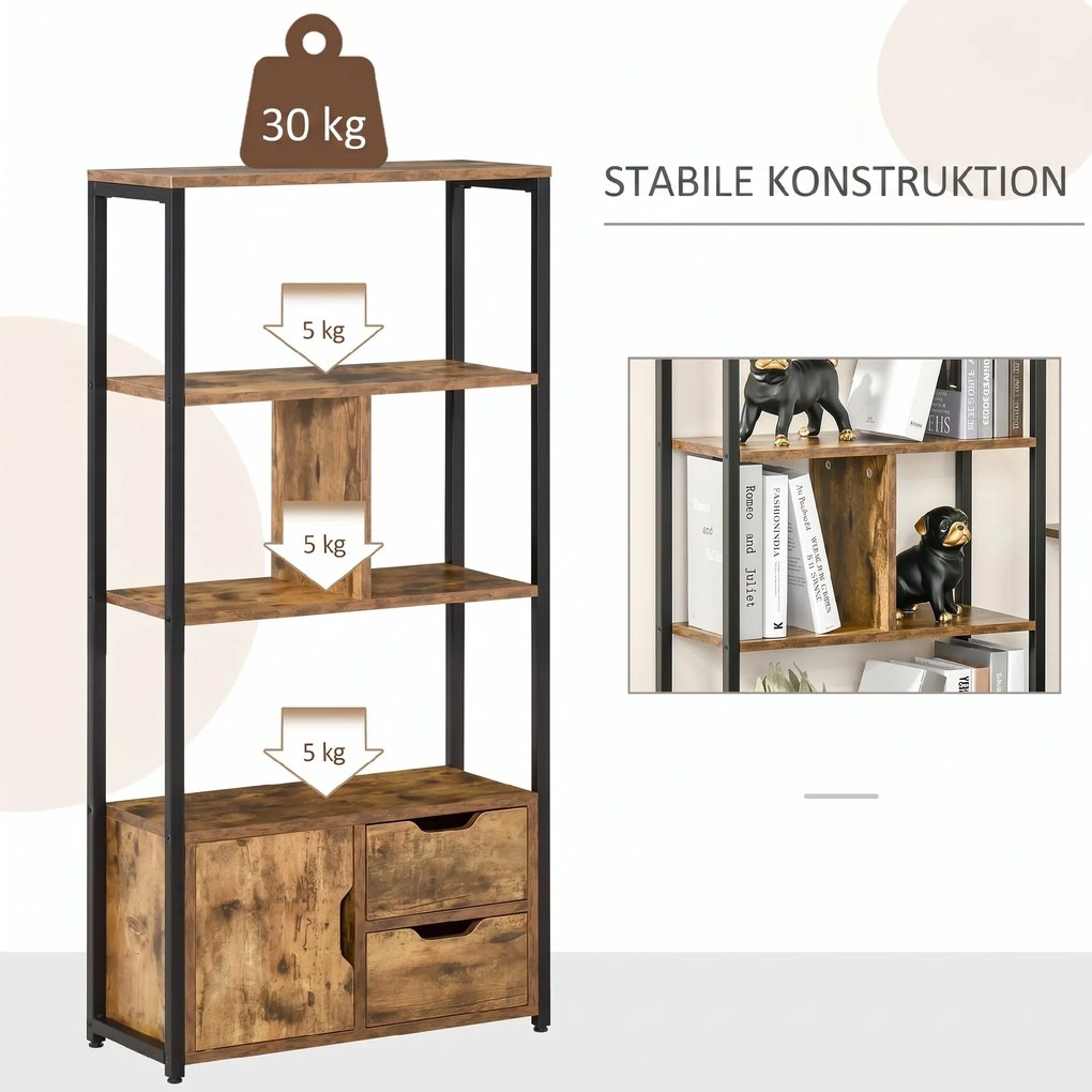 HOMCOM Biblioteca cu 3 Rafturi, Dulap si 2 Sertare, Biblioteca Stil Industrial din PAL si Metal, 58x24x122 cm, Negru si Lemn natur | Aosom Romania