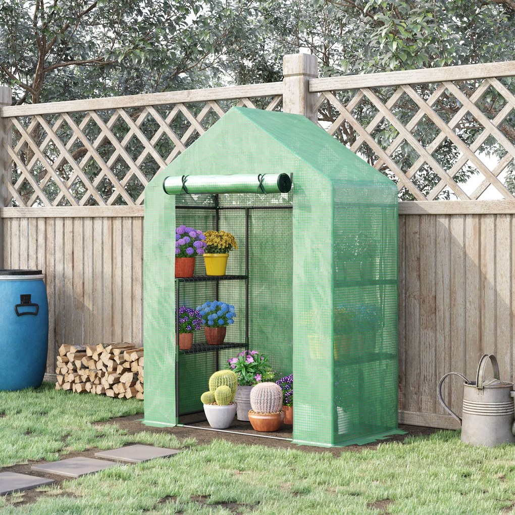 Outsunny Sera de Grădină din Oțel și Plastic PE cu 4 Rafturi, Frânghii și Țăruși Inclusi, 141x72x191 cm, Verde | Aosom Romania